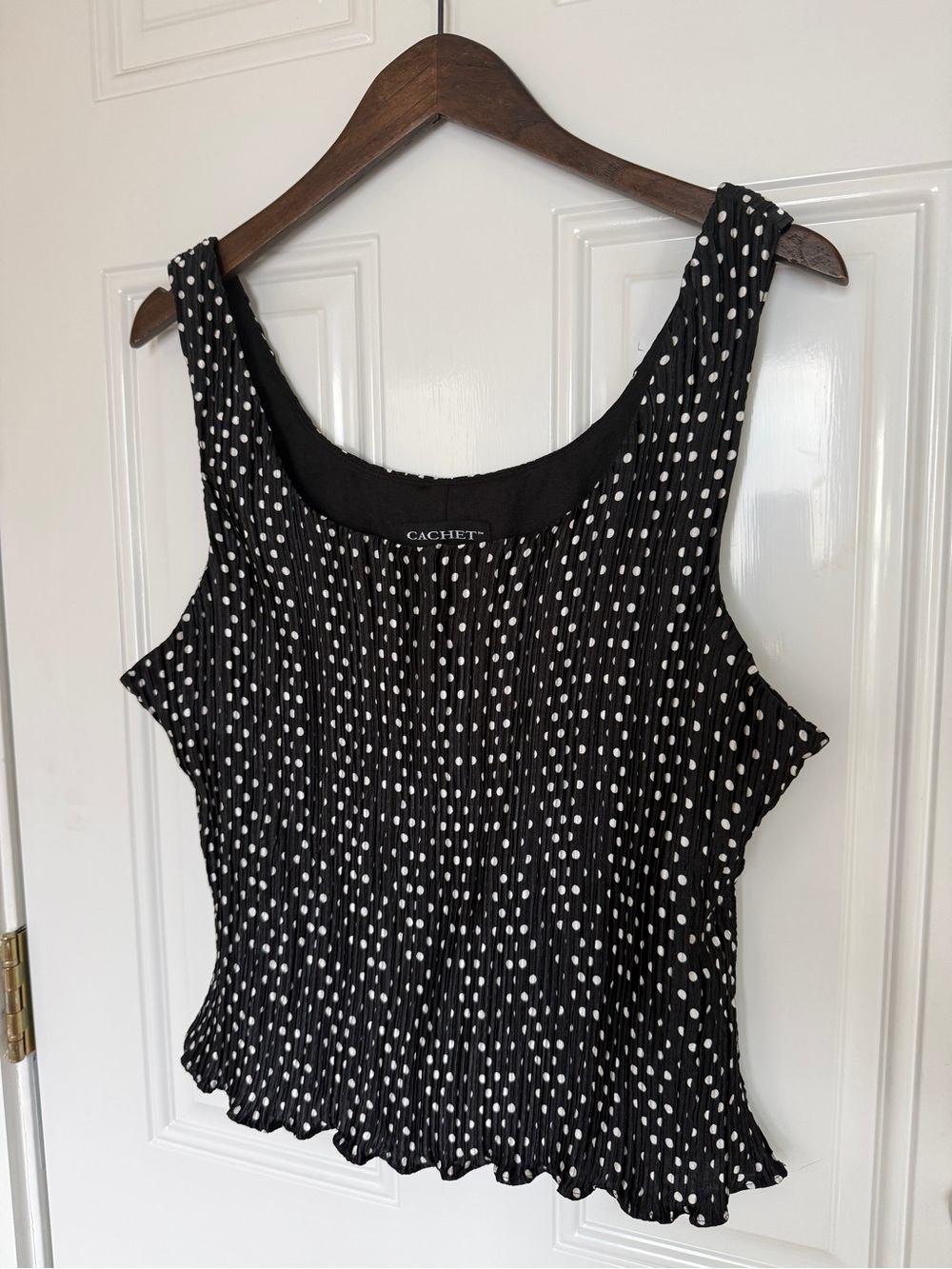 Cachet Black with White Polka Dot Pleated Sleeveless Tank